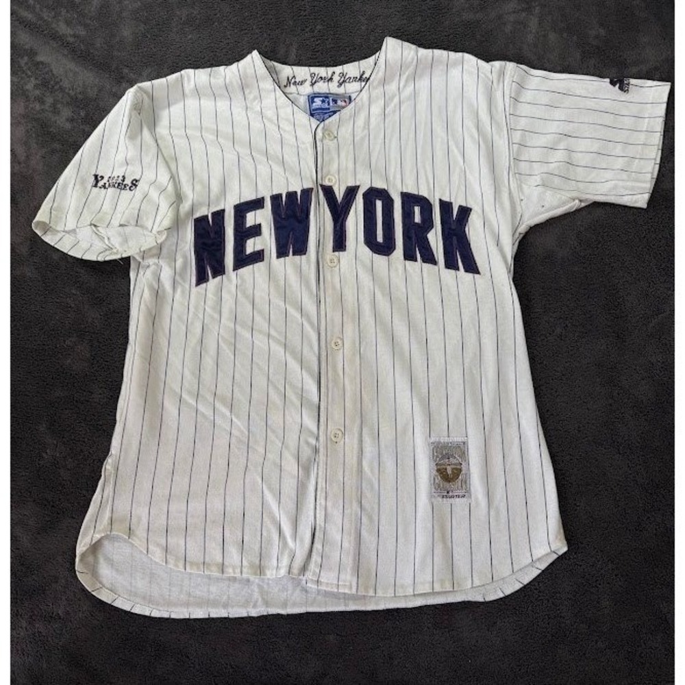 Vintage‎ Starter New York Yankees Pinstripe Baseball Jersey White Blue XL 90s